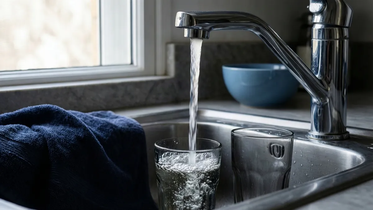 Grifo de cocina llenando un vaso de agua en un fregadero de acero, con un paño azul marino al lado