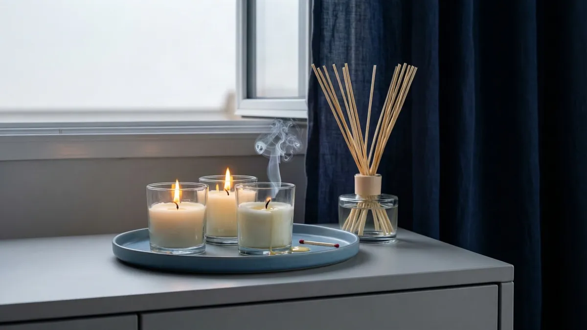Tres velas en vaso, una recién apagada humeando, y un mikado de varillas junto a la ventana