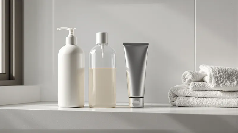 Tres envases de champú sin marca sobre una repisa de baño con luz de ventana