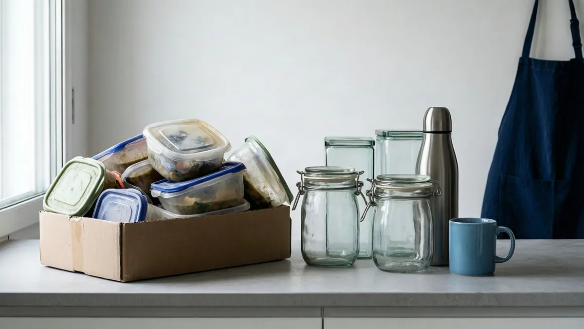 Caja con tápers de plástico viejos junto a tarros de vidrio y una botella de acero en la encimera