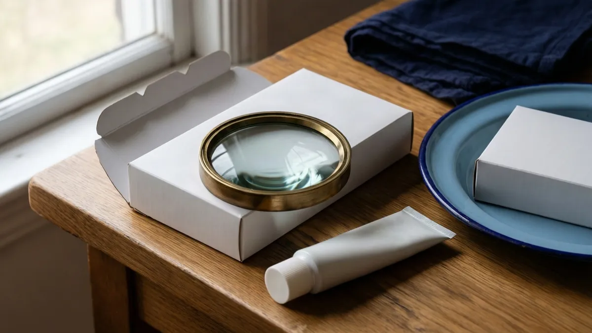 Lupa apoyada sobre la caja blanca de un cosmético y un tubo sin etiqueta en una mesa de madera