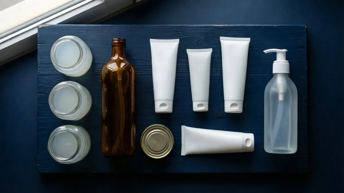 Bodegón cenital de tarros, tubos y frascos de cosmética sin etiquetar sobre una tabla azul marino