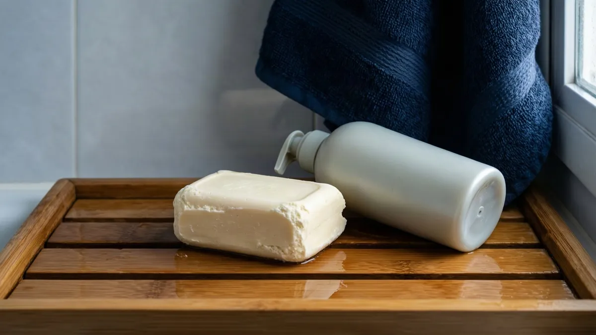 Pastilla de jabón usada y bote de gel de ducha tumbado sobre una tarima de madera mojada
