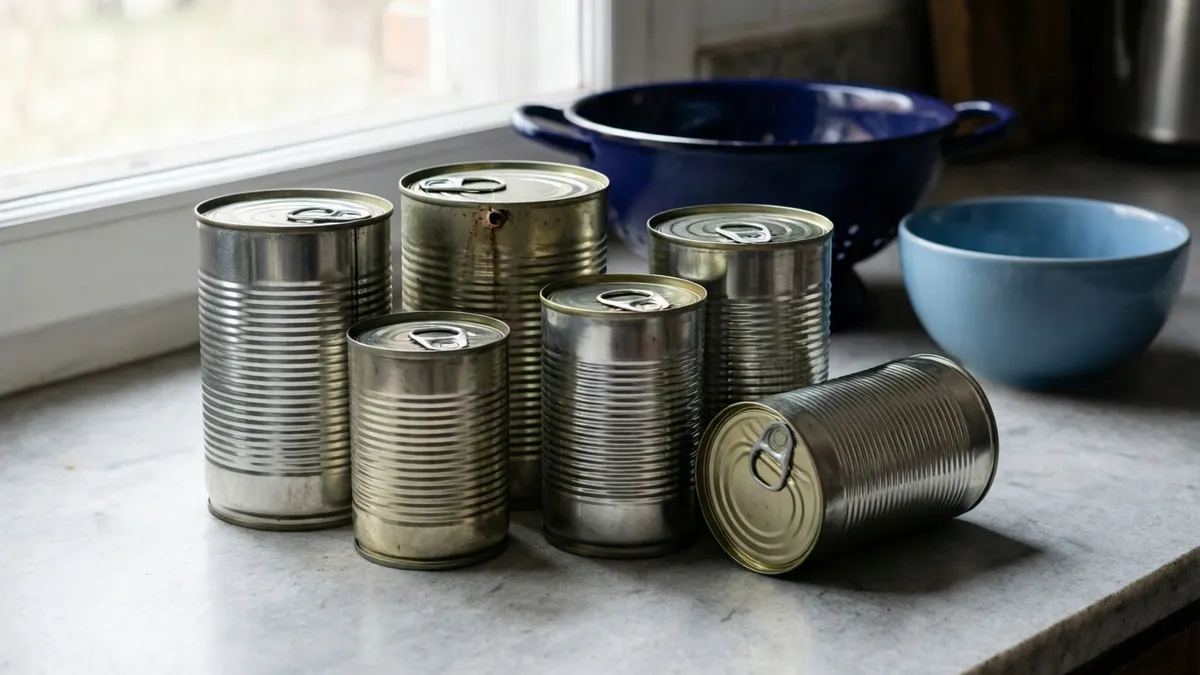 Varias latas de conserva sin etiqueta, una tumbada, sobre una encimera junto a un escurridor azul