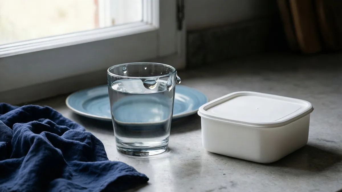 Vaso de agua con una gota en el borde junto a un táper de plástico blanco en una encimera de cocina
